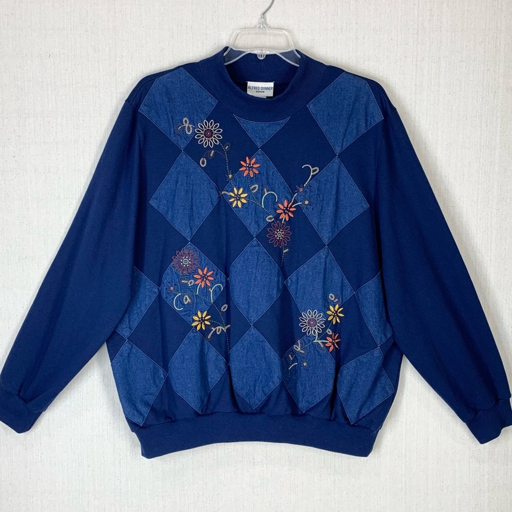 Alfred Dunner~VTG~Floral Embroidered/Beaded Denim Patchwork Mock Neck Top~Sz 2X